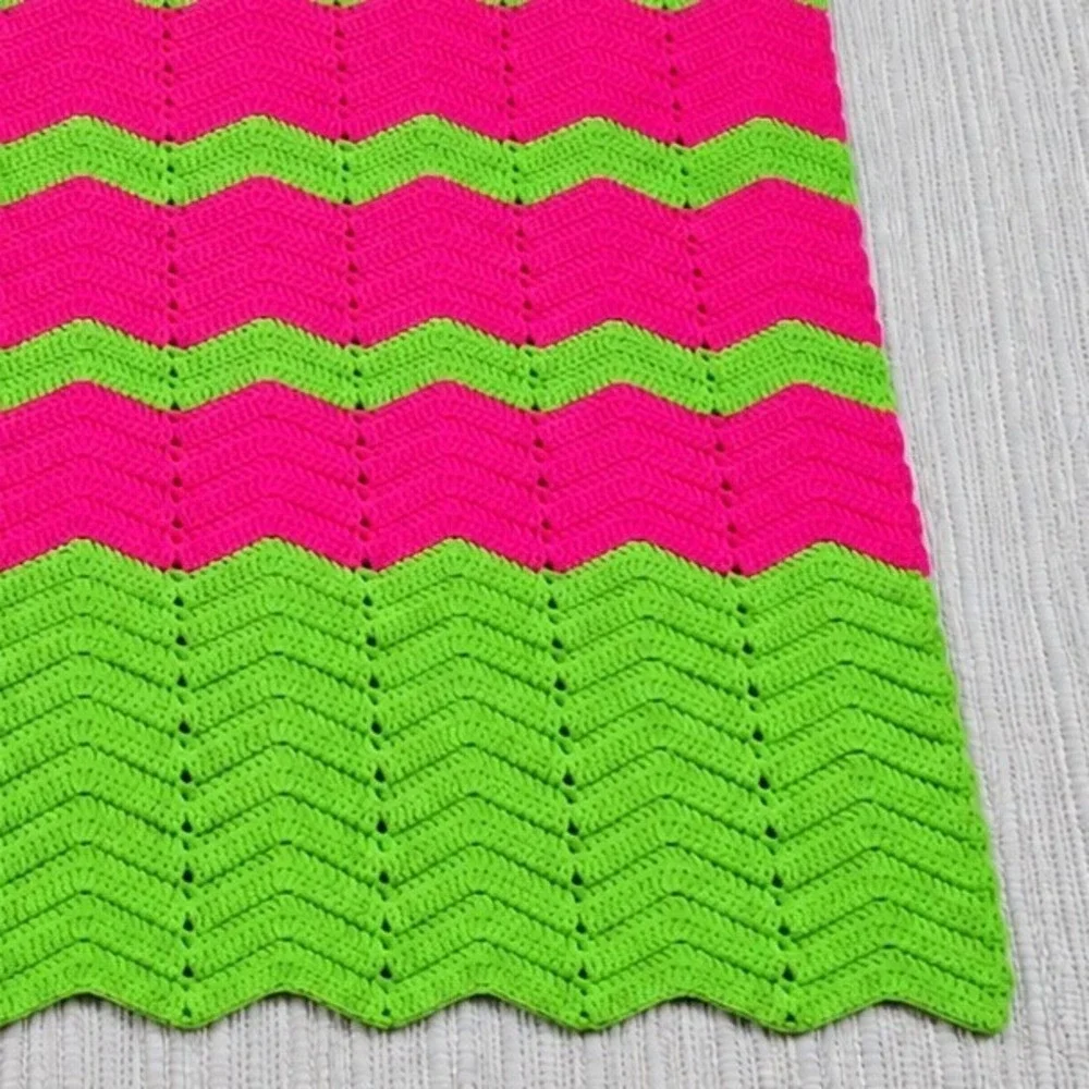 Handmade Crochet Blanket Unisex 49x68 Pink Green Chevron Ripple Afghan
